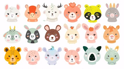 57. A diverse set of cute animal faces, featuring zoo, wild, farm, pet, rodent, and reptile characters, all illustrated in a kawaii cartoon style on a white background, perfect for baby graphic design