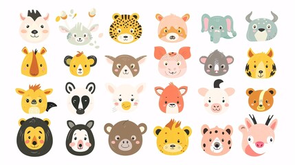 59. A big set of endearing animal faces, including a variety of zoo, wild, farm, pet, rodent, and reptile animals, illustrated in a cute kawaii style on a white background, ideal for baby designs