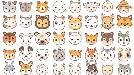 Obraz premium 58. An extensive collection of charming animal faces, encompassing zoo, wild, farm, pet, rodent, and reptile species, hand-drawn in a kawaii style and set against a white background in vector format