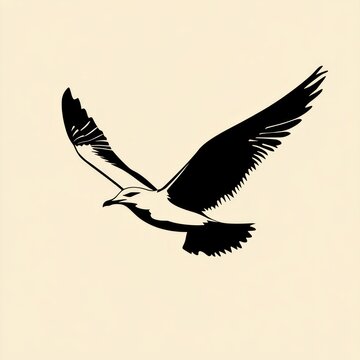 recommend clip art: A simple, black silhouette of a seagull in flight against a cream background.