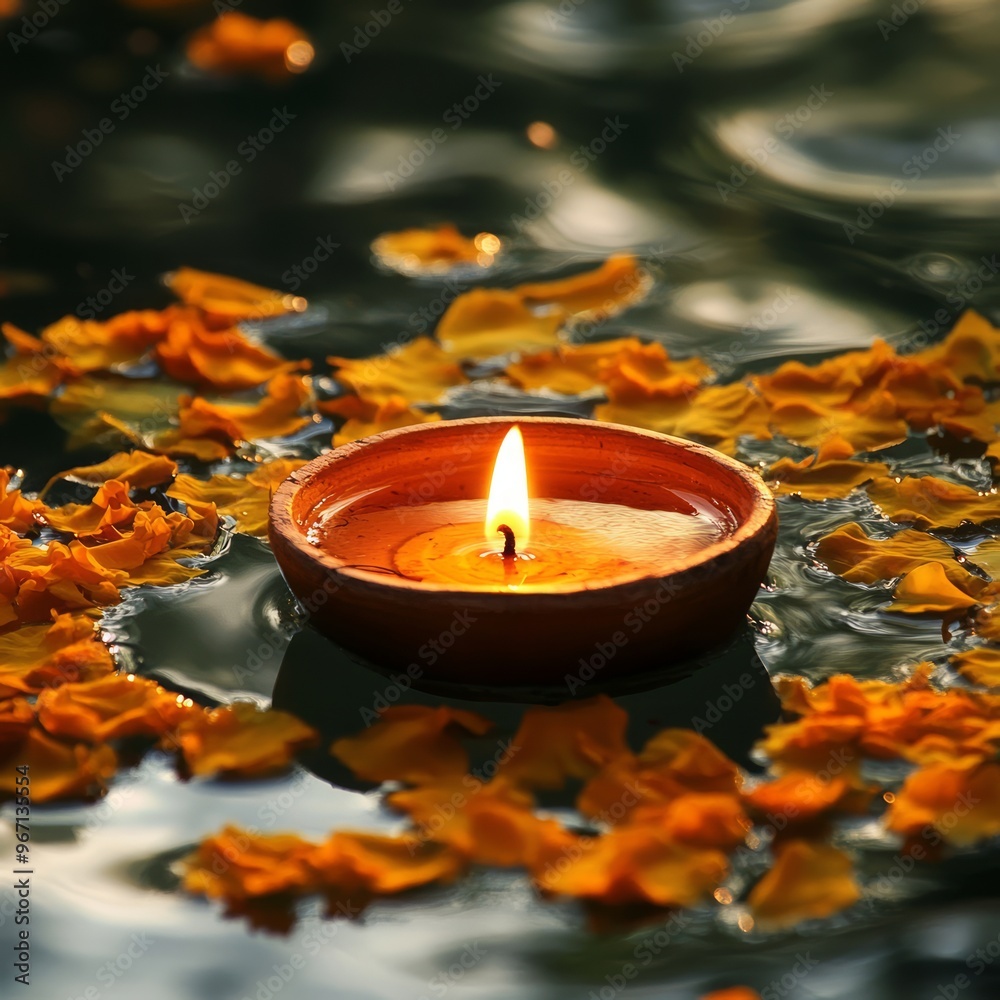 Canvas Prints A single candle flame burns brightly in a clay dish, surrounded by yellow flower petals floating on water.