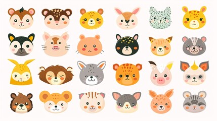 60. A comprehensive vector illustration of cute animal faces from zoo, wild, farm, pet, rodent, and reptile categories, all drawn in a kawaii style on a white background, suitable for baby graphic