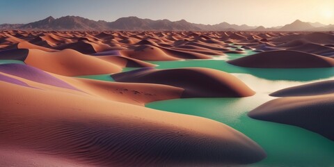 A barren planet with purple sand dunes and a green sky filled with floating islands.