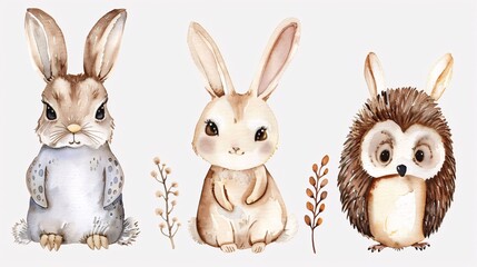 Fototapeta premium 62. A watercolor-style illustration featuring a cute bunny, owl, and hedgehog, designed for nursery decor, birthday invitations, and kids' printables, perfect as a poster template