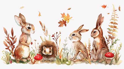 63. A charming watercolor illustration of woodland animals including a bunny, owl, and hedgehog, ideal for nursery decorations, birthday invitations, and children's posters