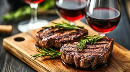 A close up of a steak and two glasses with wine, AI