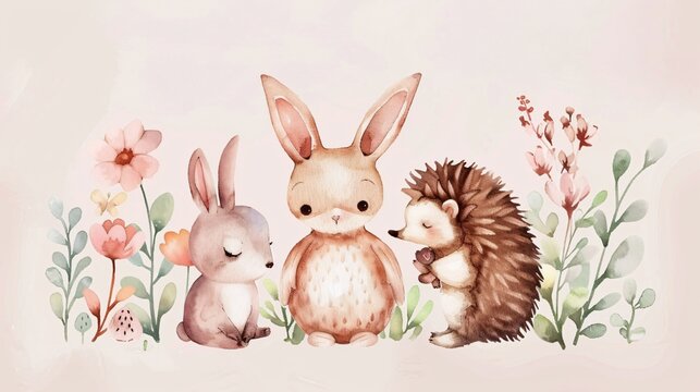 62. A watercolor-style illustration featuring a cute bunny, owl, and hedgehog, designed for nursery decor, birthday invitations, and kids' printables, perfect as a poster template