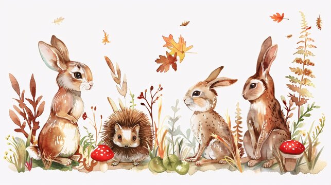63. A charming watercolor illustration of woodland animals including a bunny, owl, and hedgehog, ideal for nursery decorations, birthday invitations, and children's posters