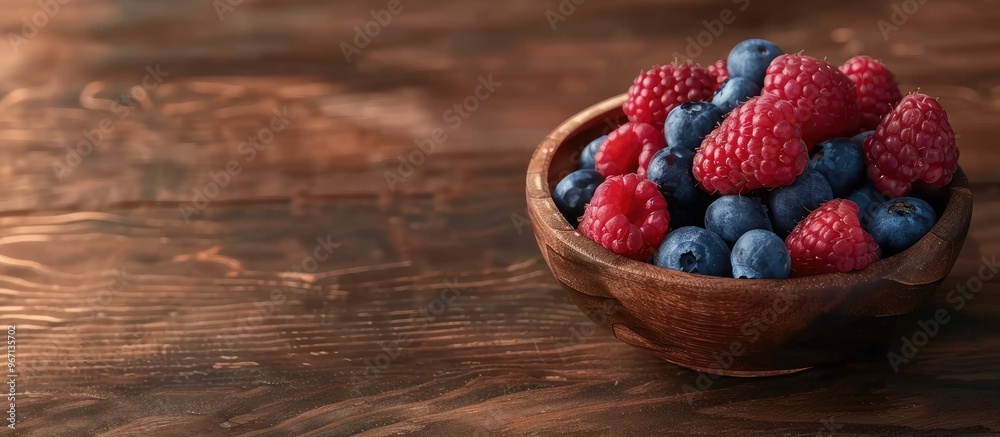 Poster A variety of vibrant berries including raspberries and blueberries arranged in a wooden saucer placed on a rustic brown table with copy space image