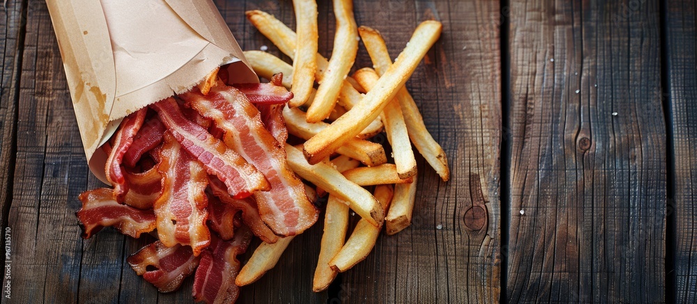 Leinwandbilder flat lay of appetizing french fries and bacon on a wooden surface with copy space image available