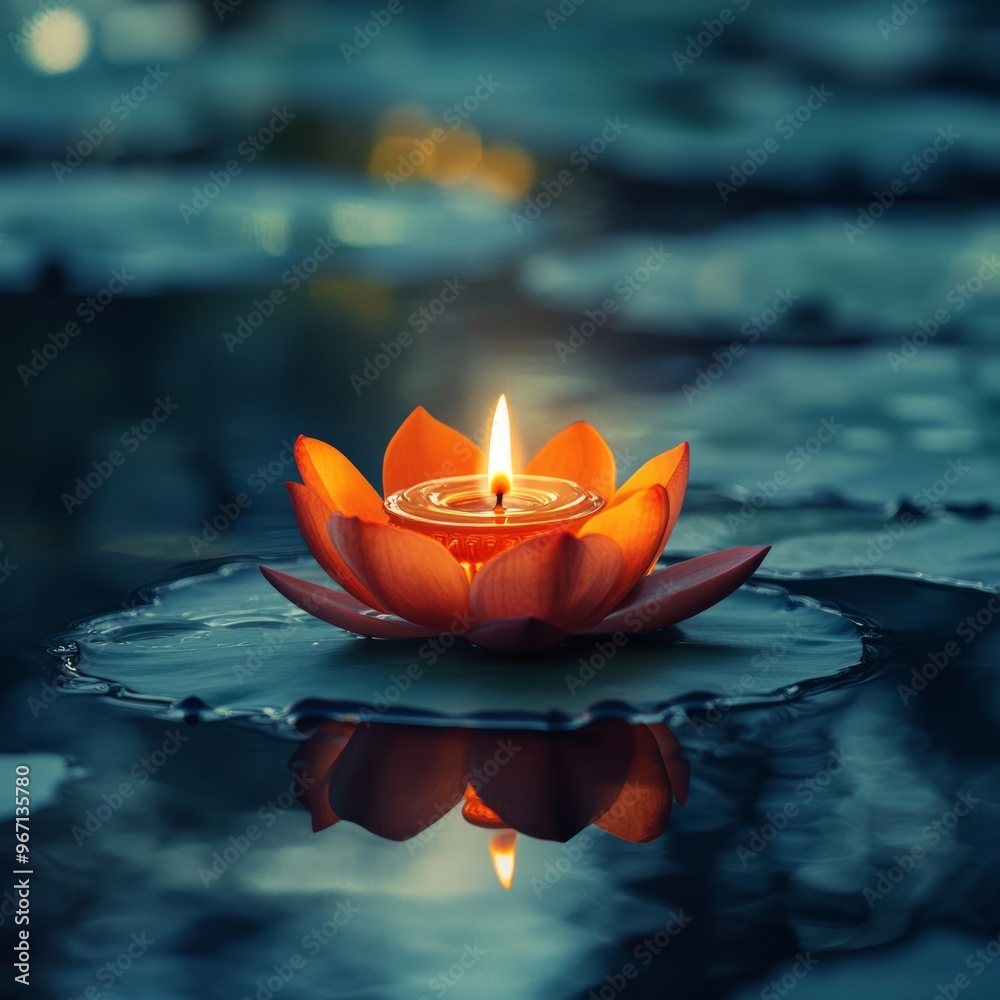 Poster A single lit candle floating on a water lily in a pond at dusk.