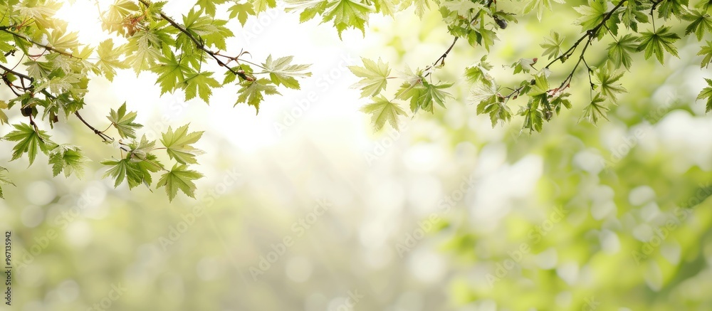 Fototapete backdrop with copy space image of new leaves on maple tree branches in spring