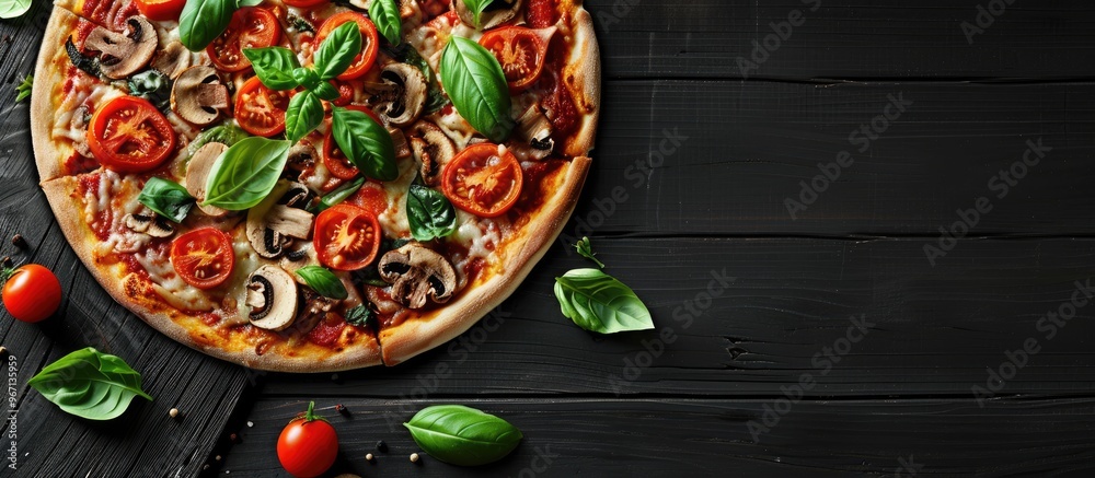 Aufkleber delicious pizza with basil mushrooms and tomato on a black wooden table flat lay composition with co
