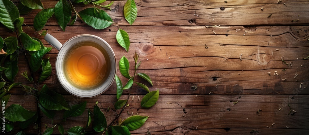 Poster a flat lay composition featuring a cup of invigorating green tea surrounded by leaves atop a wooden 