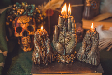 Mystical scene with candles. Fate prediction. Halloween concept, details and décor for home
