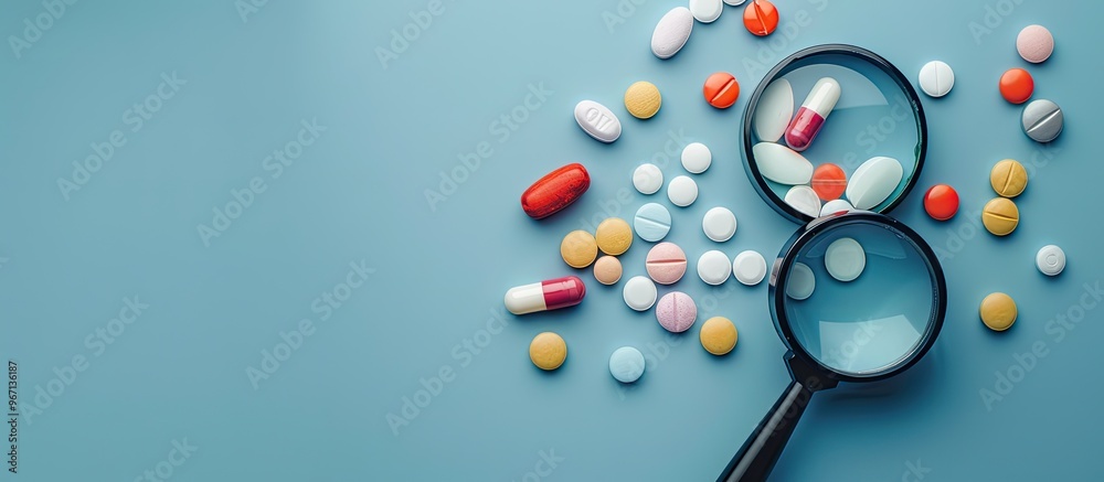 Aufkleber Magnifier next to assorted pills on a blue backdrop with copy space image