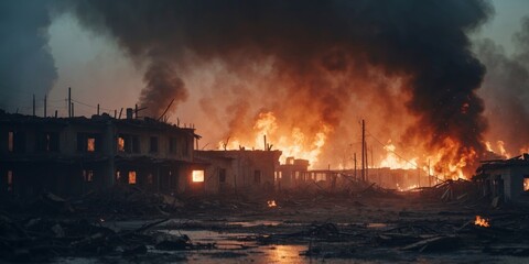 Obraz premium Apocalyptic city scene with fires and destroyed buildings.