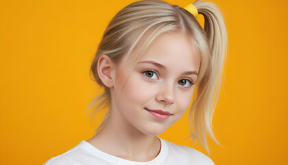 A young Caucasian girl with long blonde hair in a ponytail, blue eyes, and a friendly smile against a bright yellow background