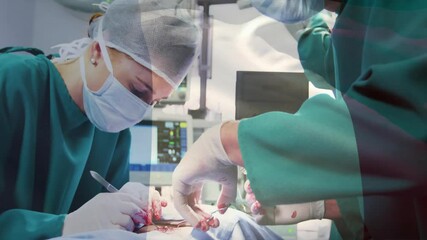 Animation of flag of nigeria over diverse surgeons in hospital - Powered by Adobe