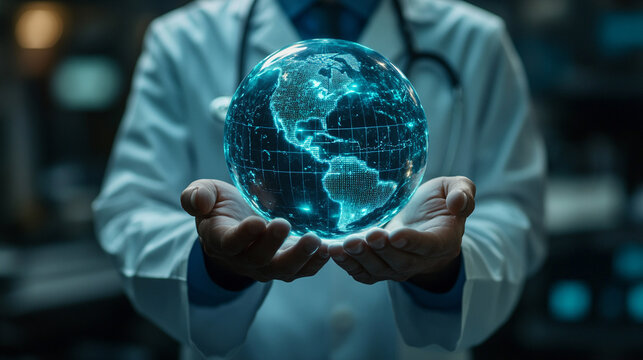 Digital futuristic and technological approach to global healthcare. Doctor holding a holographic globe.