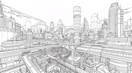 Fototapeta premium 77. A precise line drawing of a city landscape, including various urban features like buildings and roads, suitable for background material in design projects