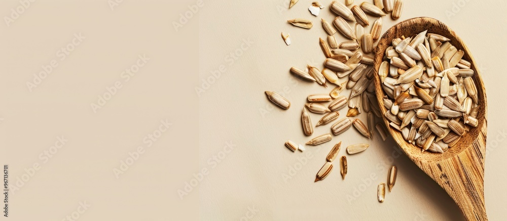 Aufkleber beige background with a wooden spoon decorated with sunflower seeds creating a textural copy space i