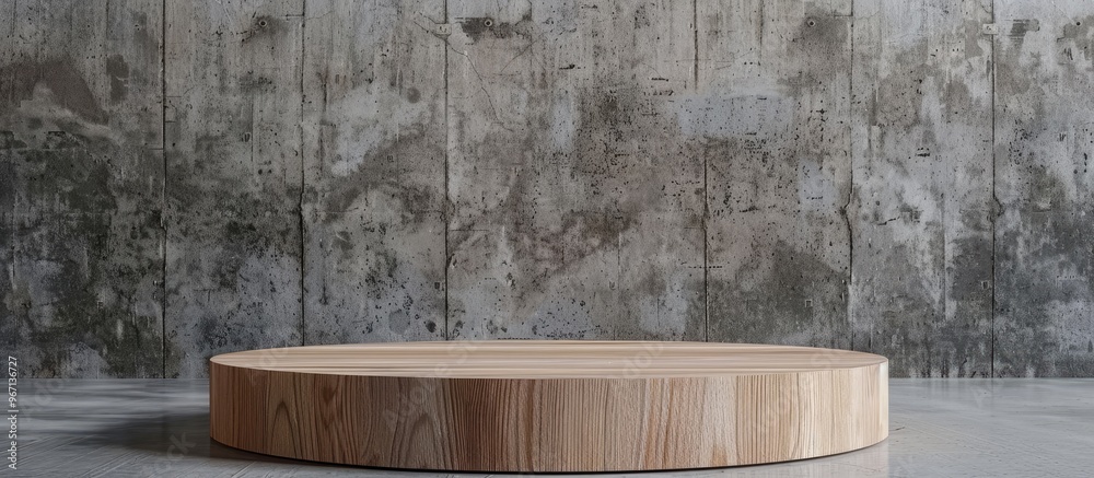 Poster wooden podium stand with copy space image against concrete backdrop