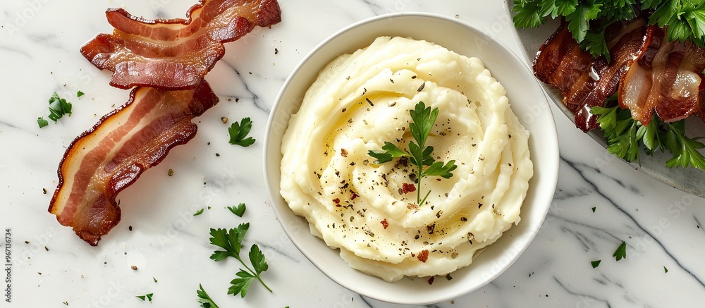 Aufkleber top down view of crispy bacon creamy mashed potatoes and fresh parsley on a white marble surface lea