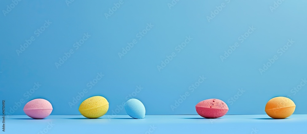 Poster various makeup sponges displayed on a blue background with copy space image