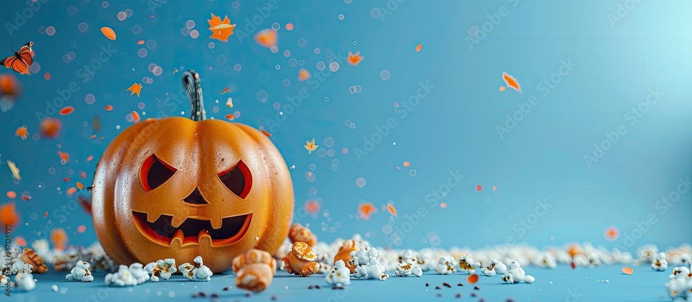 Poster a halloween themed setup with a pumpkin popcorn and a blue background ideal for adding text or other