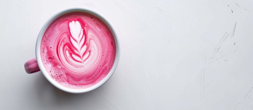 Top view of a pink matcha latte placed on a white surface with ample space for additional elements in the image