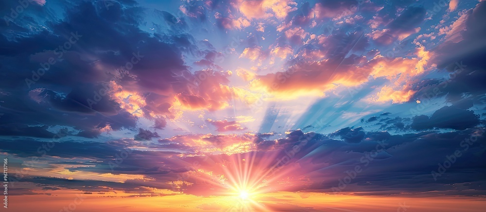 Aufkleber Tranquil sunset scene with sunbeam on a colorful romantic dusk sky creating a beautiful idyllic natural setting for a photo with copy space image