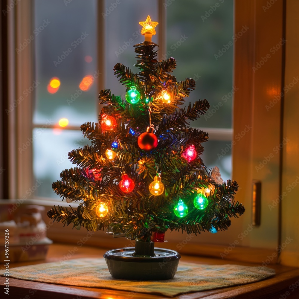 Poster A small Christmas tree with colorful lights and ornaments sits on a windowsill.