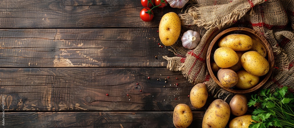 Aufkleber Fresh potato appetizer on a rustic table with copy space image for a top view food background