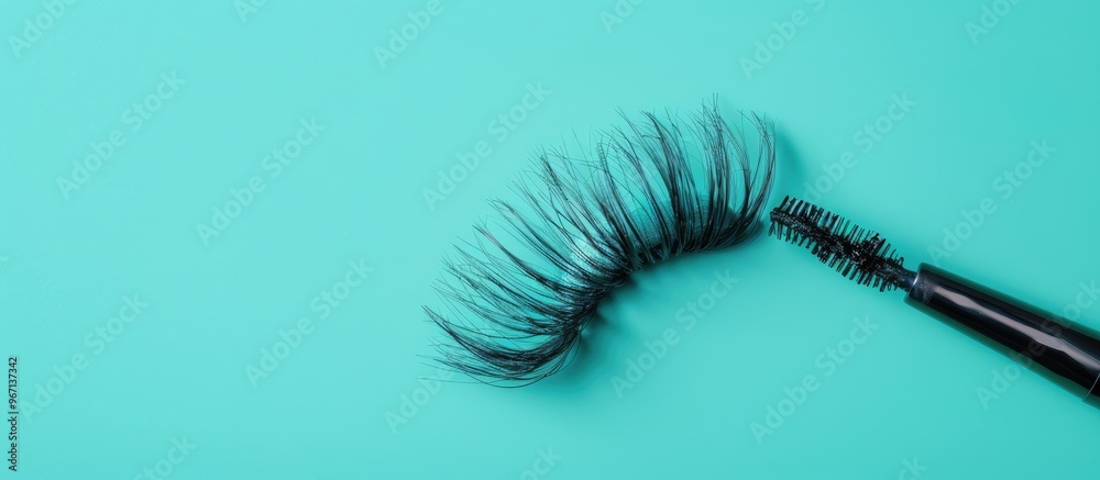 Poster cosmetics like black mascara brush and fake eyelashes placed on a vivid turquoise backdrop creating 