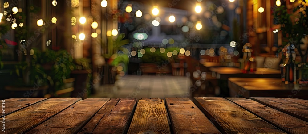 Poster a wooden table in the foreground is set against a blurred nighttime image of a stylish restaurant pr