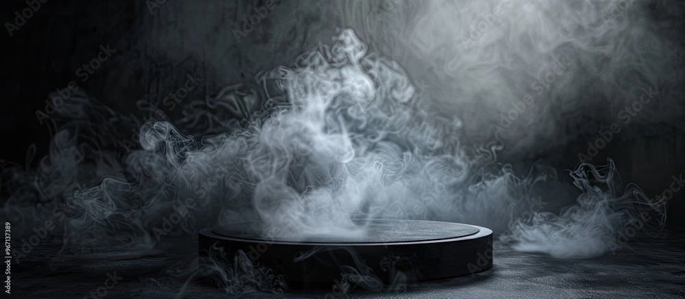 Poster cylindrical stage with a dark background and smoke for presentations offers ample copy space image