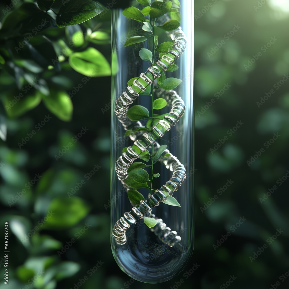 Sticker A small plant grows inside a test tube, with the plant forming a DNA helix shape.