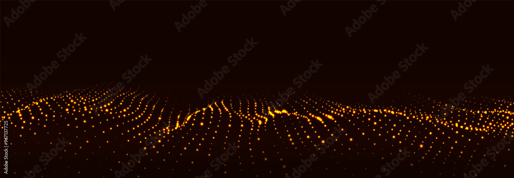 Poster dynamic bright particle wave. futuristic point glowing wave. flow of colorful digital structure. dat