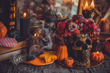 Mystical scene with candles. Fate prediction. Halloween concept, details and décor for home