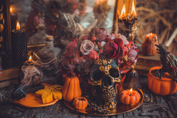 Mystical scene with candles. Fate prediction. Halloween concept, details and décor for home