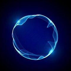 Spherical equalizer for music. Round sound wave of particles. Musical abstract blue background. 3D rendering.