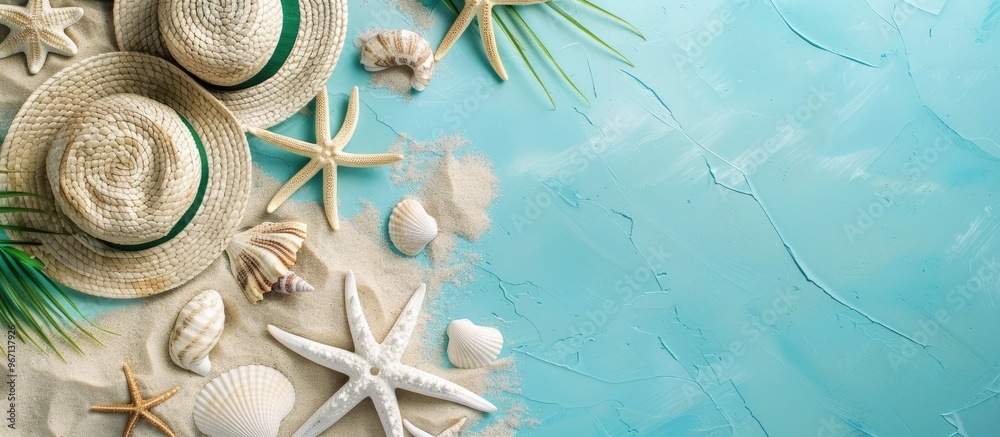 Poster A top down view of beach items placed on a soft pastel blue backdrop creating a charming summer holiday setting with ample copy space image availability