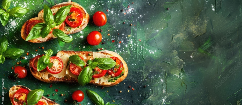 Canvas Prints Top down view of cheesy toast with tomatoes and basil on a green backdrop with room for text in the image. Creative banner. Copyspace image