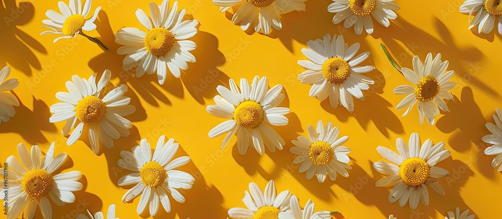 Aufkleber Chamomile flowers displayed on a vibrant backdrop in a flat lay style ideal for a template or mockup with available copy space image
