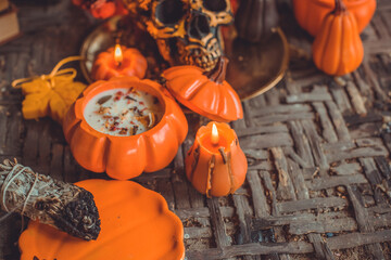 Mystical scene with candles. Fate prediction. Halloween concept, details and décor for home