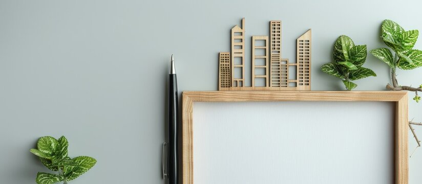 Property investment concept illustrated on a wooden picture frame against a white paper backdrop with a black pen providing a business related copy space image