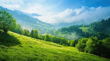 Fototapeta premium Beautiful landscape view of green summer forest with spruce and pine trees mountain, lake, river.