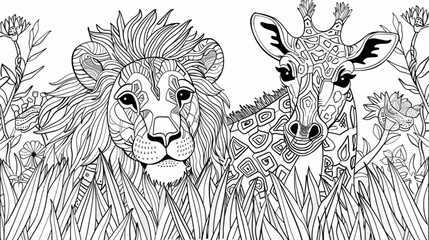 101. A delightful coloring page design with a lion and giraffe in a vector illustration, offering detailed line art and playful patterns for kids to explore and color
