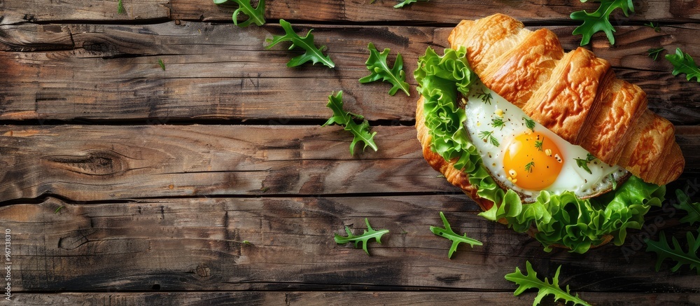 Poster top view of a healthy breakfast featuring a croissant sandwich with egg cheese and fresh green lettu